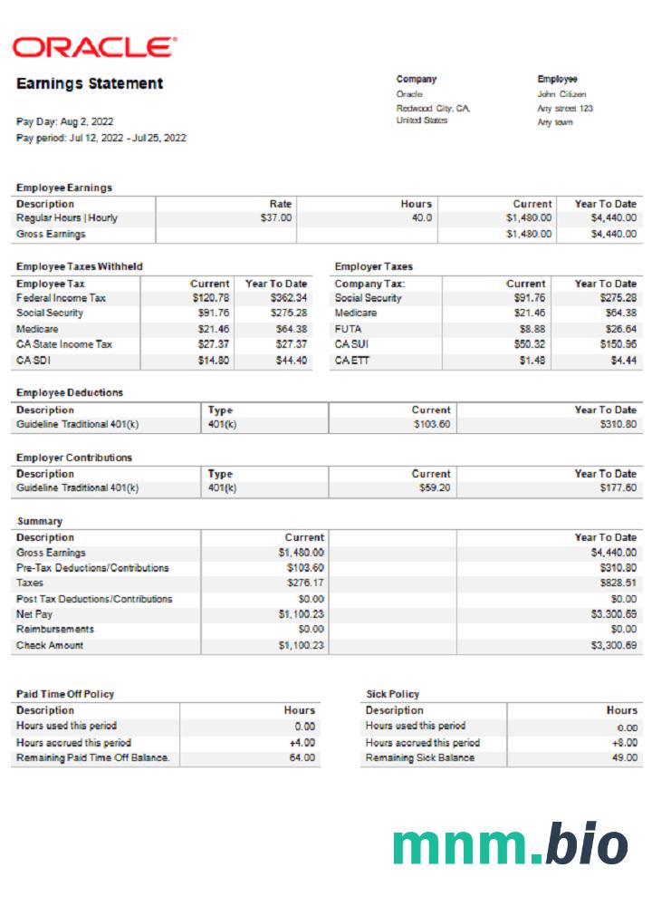 USA Oracle software company pay stub